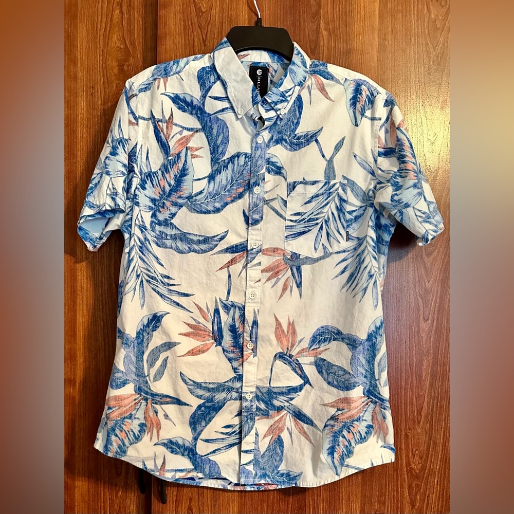 BILLABONG Shirt Men LARGE Hawaiian ALOHA White Tropical Short Sleeve BUTTON Up